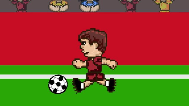 Pixel art animation of a soccer video game featuring a player running with the ball on the field, team.