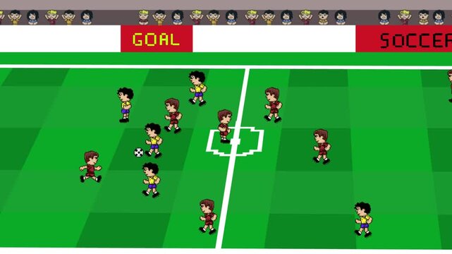 Pixel art animation of a soccer video game scene featuring a stadium, crowd, and a player scoring a goal, ball, team, art, vintage.