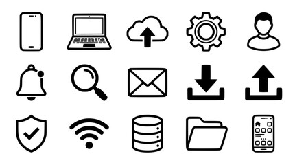Fototapeta premium Modern technology and user interface line icon set featuring hardware devices cloud storage online data transfer and security network symbols