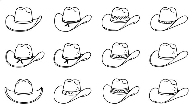 Western cowboy hat hand drawn line art vector collection featuring traditional rancher stetson headwear styles for texas country design