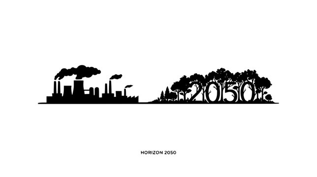 Climate change timeline transition from factory air pollution to green net zero forest target in year twenty fifty concept