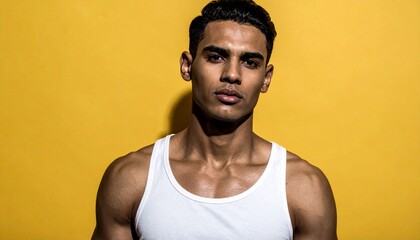 Fototapeta premium Handsome Muscular Young Man in White Tank Top on Solid Yellow Background
