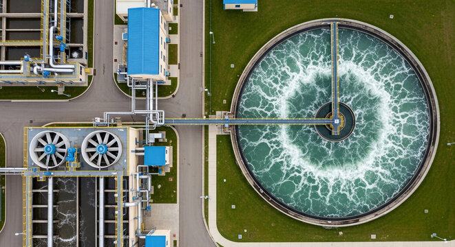 Aerial top view of a modern wastewater treatment plant with circular aeration tank and industrial infrastructure