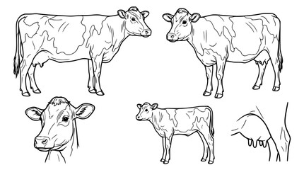 Dairy cow and calf hand drawn line art vector sketch collection for organic farming agriculture and milk production branding © Mohammad