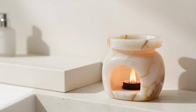 An alabaster essential oil burner resting on a minimalist raw travertine counter in a sun-drenched spa bathroom.