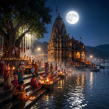 Devotees performing evening aarti at a sacred river temple under a full moon