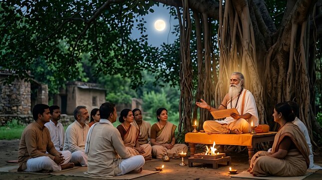 A wise indian guru teaching a group of attentive students under a large banyan tree at night with a full moon in the background