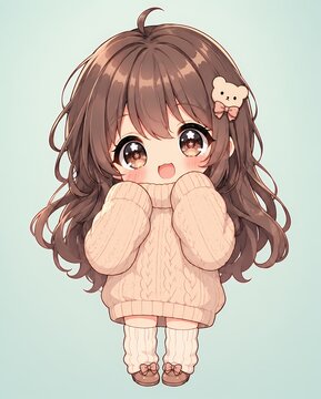 Cute anime chibi character wearing oversized chunky knit sweater isolated on pastel background