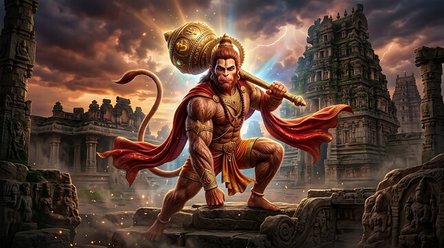 Powerful lord hanuman with gada in ancient temple setting