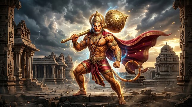 Majestic lord hanuman with gada in ancient temple setting