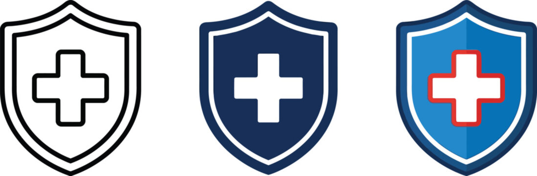 Three shield icons with medical cross symbols in different color styles