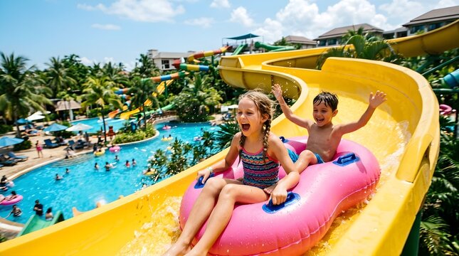 Excited children riding a yellow water slide with a pink inflatable tube at a sunny tropical resort water park on a summer vacation day filled with fun and laughter and splashing water