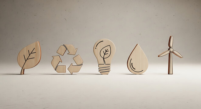 Eco-friendly symbols made of wood on a table indoors