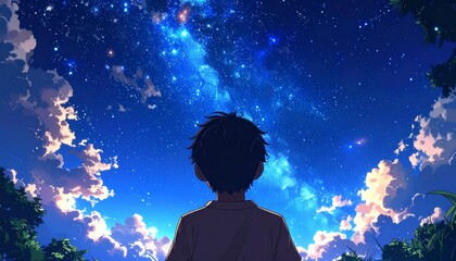 Naklejka premium Anime Style Silhouette of a Boy Gazing at the Milky Way Under a Starry Night Sky