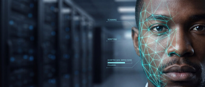 Close-up of a Black man's face with a digital facial recognition grid overlay, scanning and verifying biometric data in a server room with glowing blue lights, symbolizing technology and security