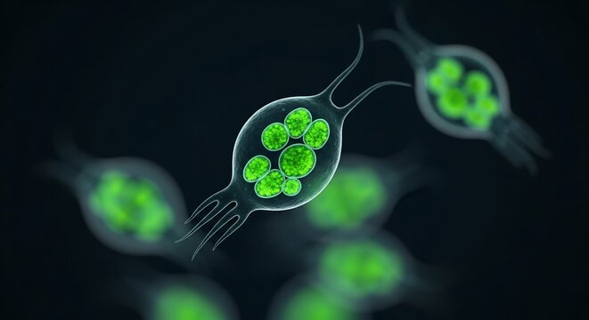 Microscopic green algae swimming in dark liquid
