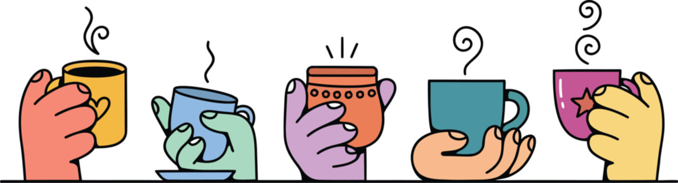Row of five human hands holding diverse steaming ceramic coffee cups in a line