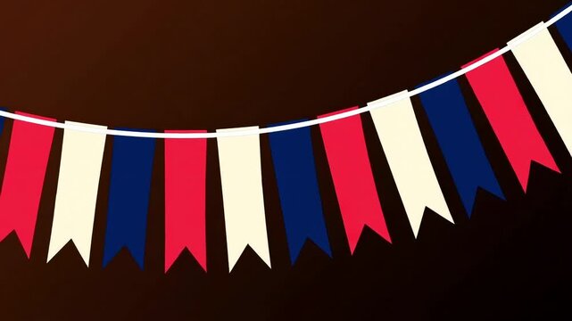 Festive bunting in red, white, and blue strung across a dark background for celebration