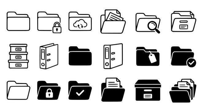 Business document folder and archive storage icon set with data security file management office organization and digital backup symbols