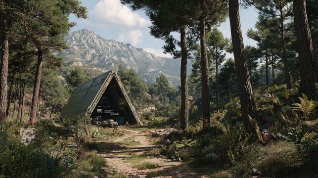 Rustic wooden A-frame hut in sunny mountain forest