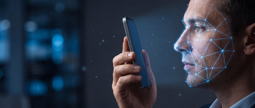 Man using smartphone for facial recognition scan with digital overlay, futuristic technology for identity verification and security in a dark, modern environment with bokeh lights