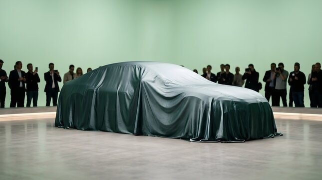 Gathered crowd observes unveiling of new vehicle covered with draping cloth on stage anticipation builds for automotive debut event showcasing a future transportation reveal in a polished indoor