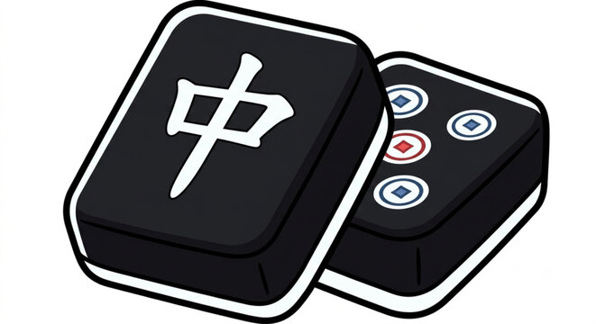 Black mahjong tiles illustration with traditional Chinese character and dots. Asian board game concept.