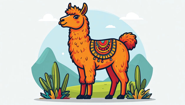 Brown llama with saddle standing still.