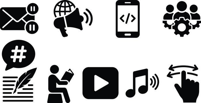 Communication and digital media icons including email megaphone code team hashtag writing reading video music.