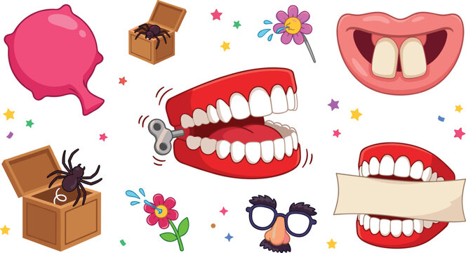 April Fools Day Prank and Joke Vector Element Set Featuring Chattering Teeth, Whoopee Cushion, Jack in the Box Spider, and Squirting Flower Ornament