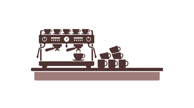 A flat vector illustration of a professional espresso coffee machine with stacked cups on a counter.