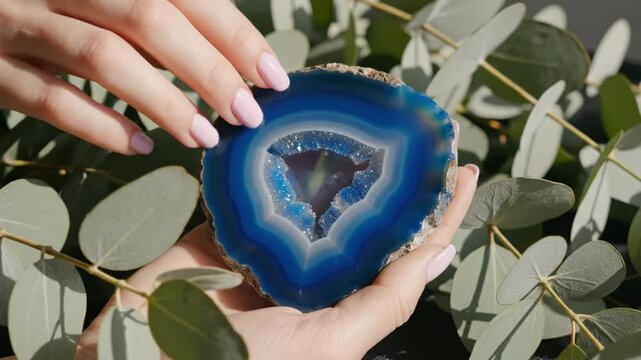Close up of hands gently touching a vibrant blue agate geode stone surrounded by fresh green eucalyptus leaves