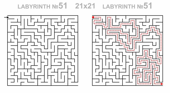 Maze challenge with answers. Complex maze path 21x21 with solution. Empty grid template for teachers. Hard.