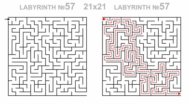 Solved maze vector 21x21 with answer key. Square labyrinth for kids activity. Maze challenge with answers. Easy to use.