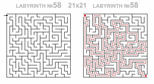 Solved maze vector 21x21 with answer key. Square labyrinth for kids activity. Maze challenge with answers. Easy to use.