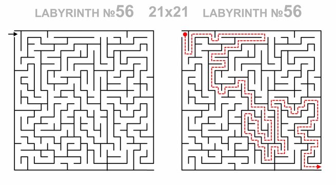Square labyrinth 21x21 with solution. Maze for kids activity. Labyrinth game grid with answers. Medium difficulty.
