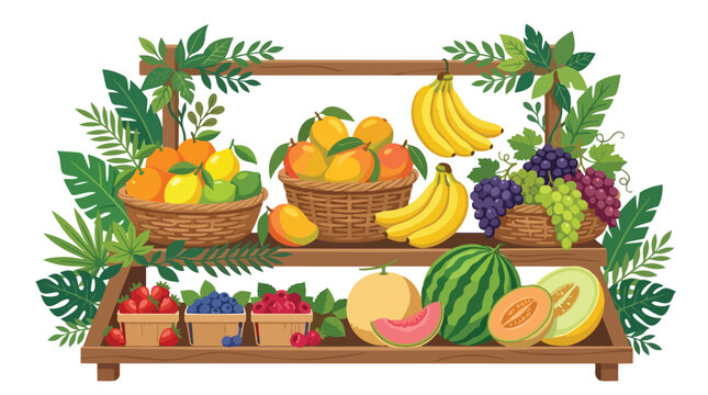 Wooden display shelf filled with a variety of fresh tropical fruits and berries.