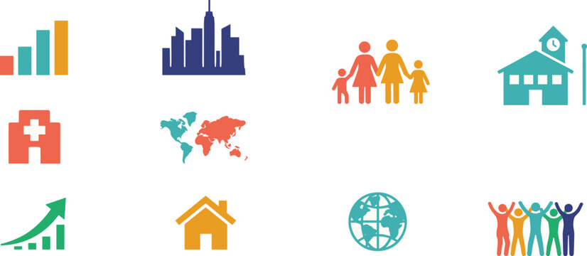 Colorful Community Development Icons Set Featuring Education Healthcare Family Growth Global City School Home Statistics And Social Services Vector