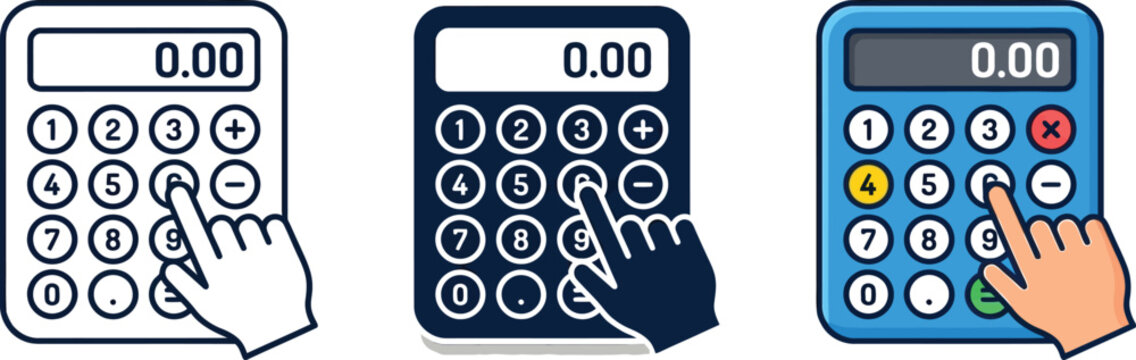 Illustrations of hands pressing calculator keys for different functions