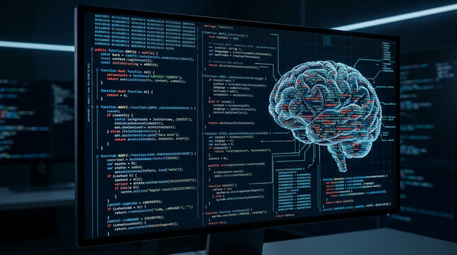 Computer screen displaying code and a digital brain graphic, symbolizing artificial intelligence, technology, and data processing