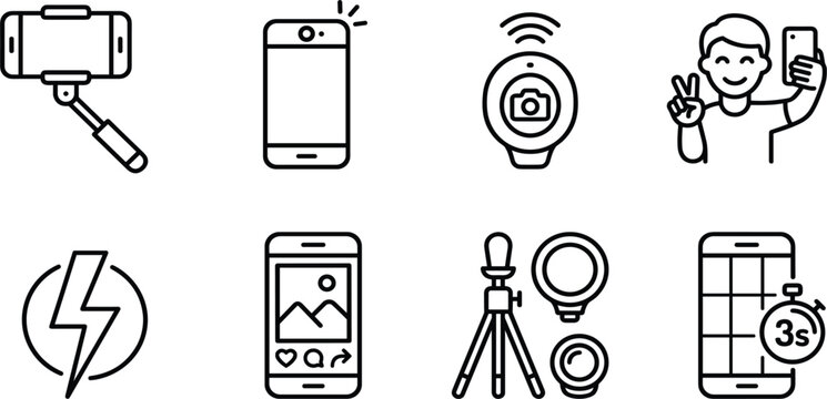 Mobile Photography and Social Media Line Icon Set with Selfie Stick Ring Light Streaming and Content Creation Symbols