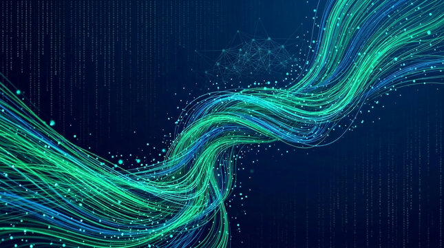 Abstract flow of digital data streams with glowing particles and a network structure, symbolizing technology, information, and connectivity