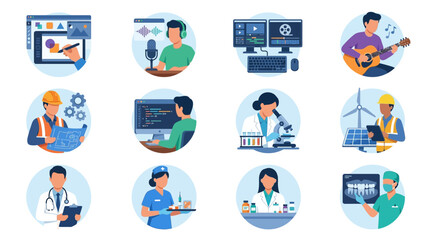 Fototapeta premium Modern Illustrated Icons Showcasing Diverse Creative Technical Medical and Green Energy Careers with Vibrant Colors