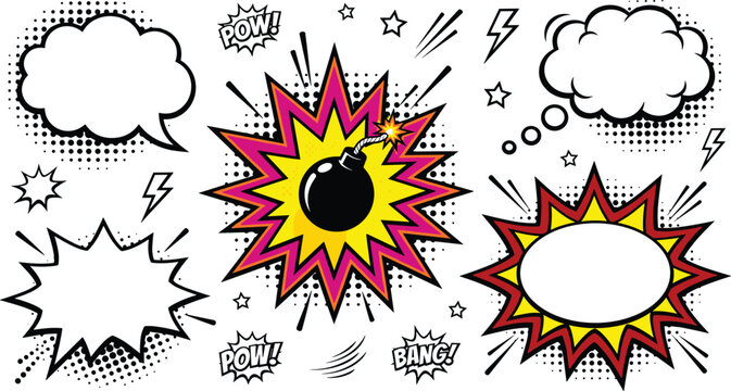 Pop Art Comic Book Vector Element Set with Exploding Bomb, Retro Speech Bubbles, Starburst Bursts, Halftone Dots, and Dramatic Text Effects