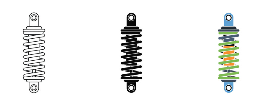 Car suspension coil spring Vector icon Set in Three Styles &mdash; Line Art, Silhouette and Color Version illustrations with transparent background