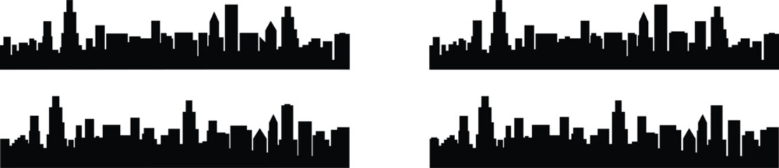 Fototapeta premium Four different city skylines in black silhouette on white background for design elements