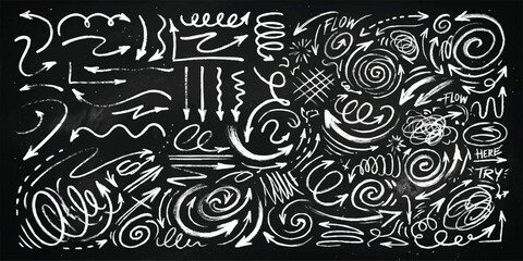 Set of hand drawn chalk arrows and doodle elements on black chalkboard background © mahedi