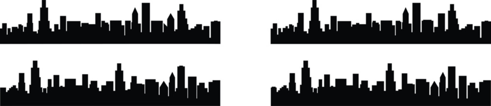 Four different city skylines in black silhouette on white background for design elements