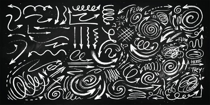 Set of hand drawn chalk arrows and doodle elements on black chalkboard background