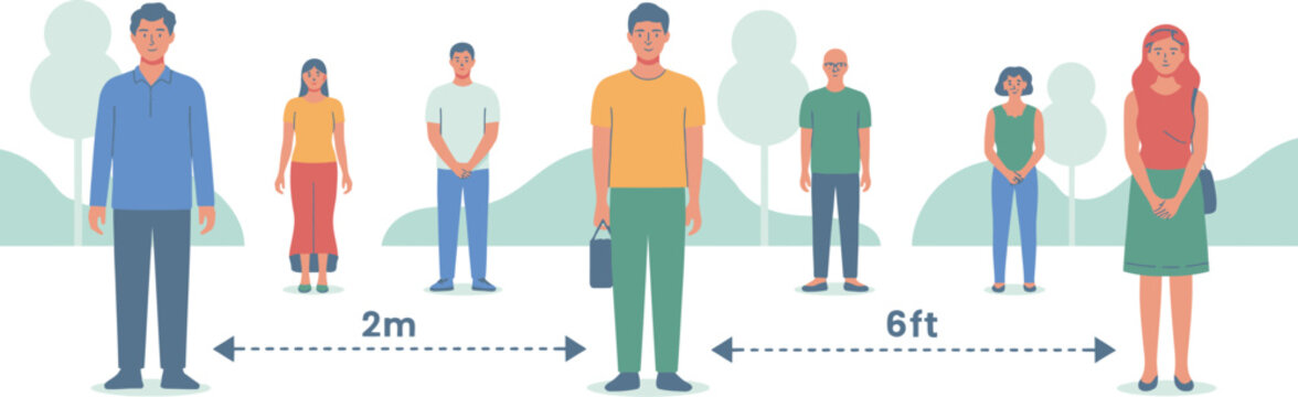 Social distancing, people standing, 2m apart, 6ft distance, vector icons, health safety